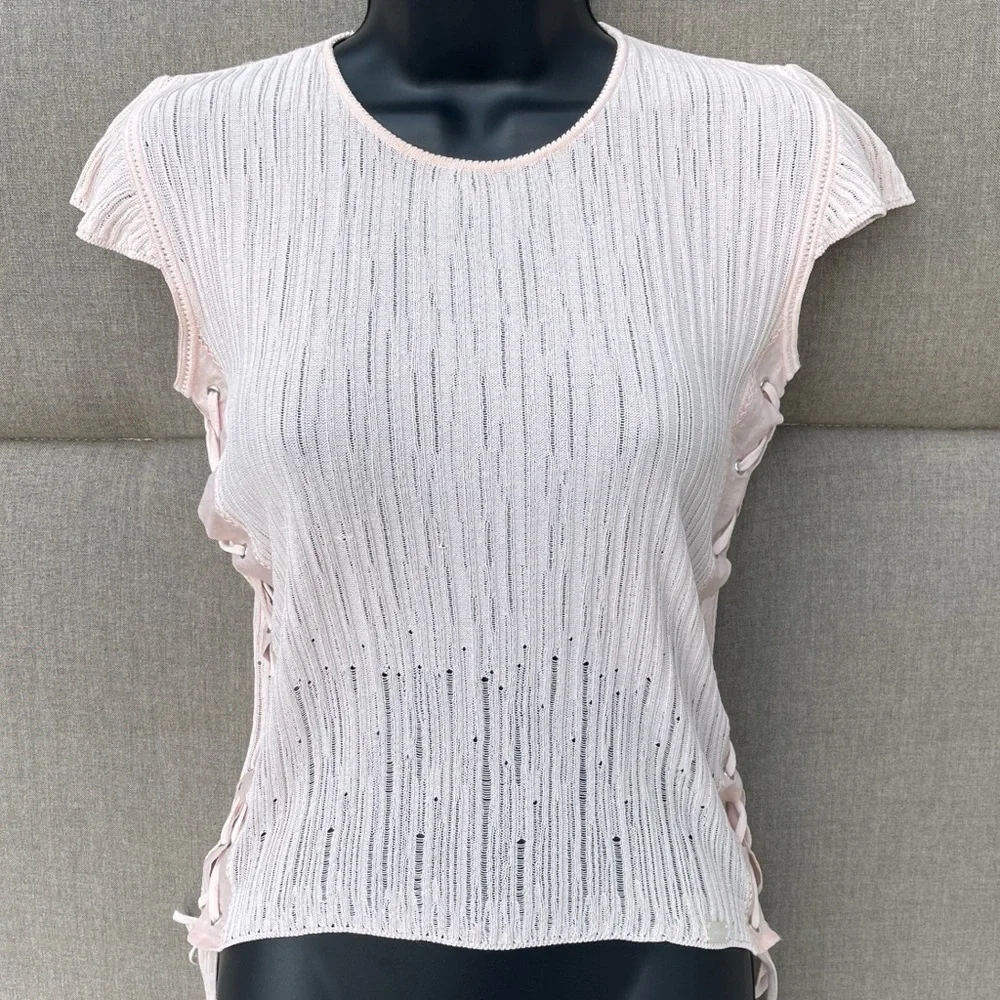 CHANEL Pink Flutter Sleeve Lightweight Knit Top